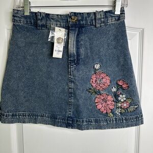 NWT Y2K Blue Rain Denim Skirt with Pink Floral Design